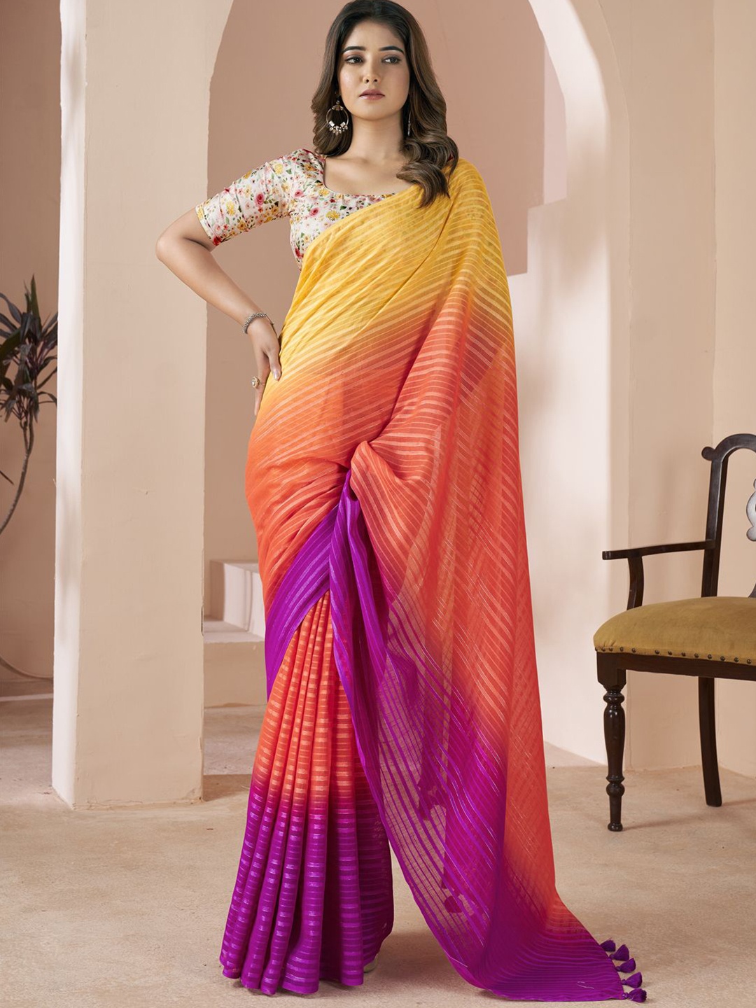 

CHUDIYA Ombre Pure Linen Saree, Purple