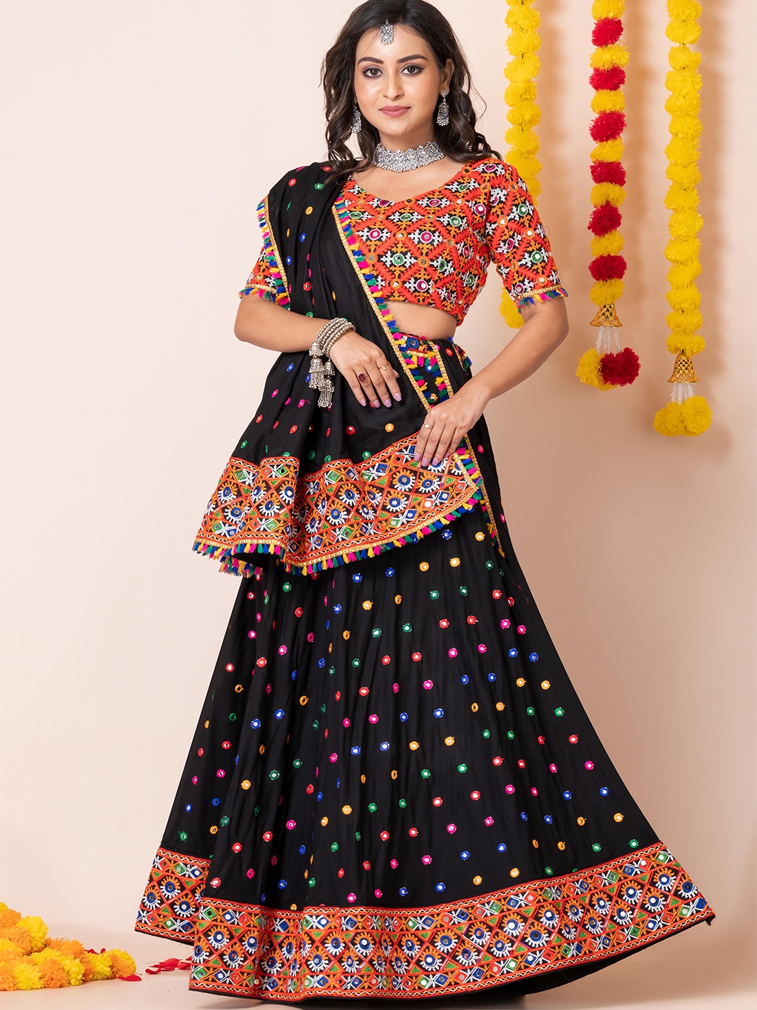 

Angroop Floral Embroidered Mirror Work Semi-Stitched Lehenga & Unstitched Blouse & Dupatta, Black