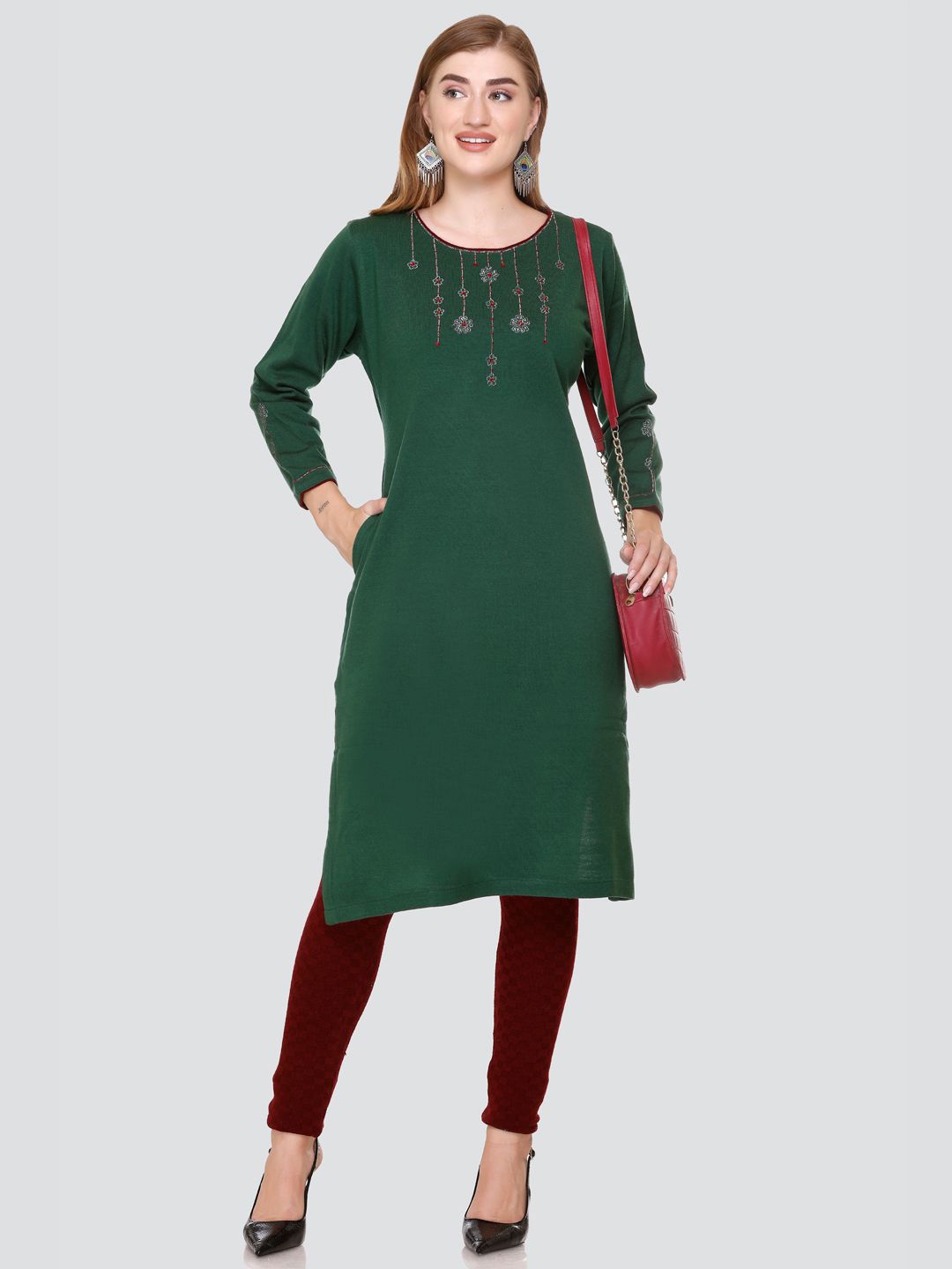 

PUREMIST Floral Yoke-Design Woollen Kurta, Green