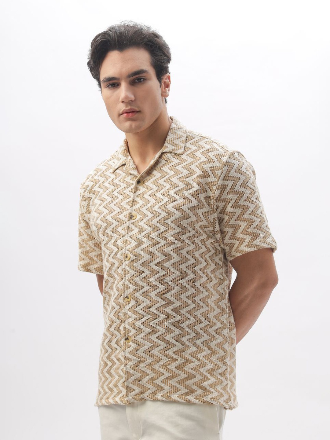 

HAMPTONS Men Crochet Knitted Cotton Casual Shirt, Tan