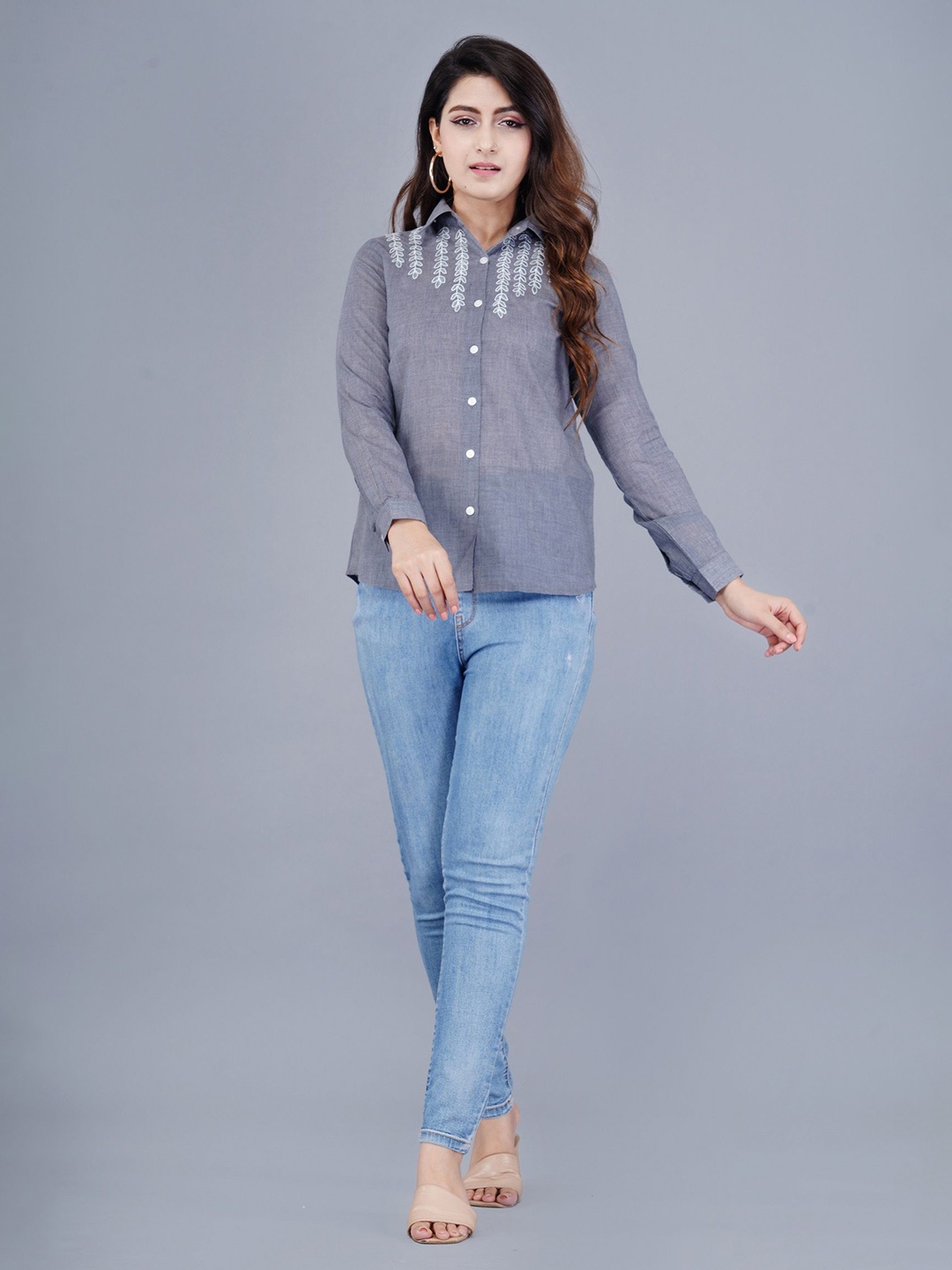 

Cloth Bites Women Spread Collar Floral Printed Cotton Casual Shirt, Blue
