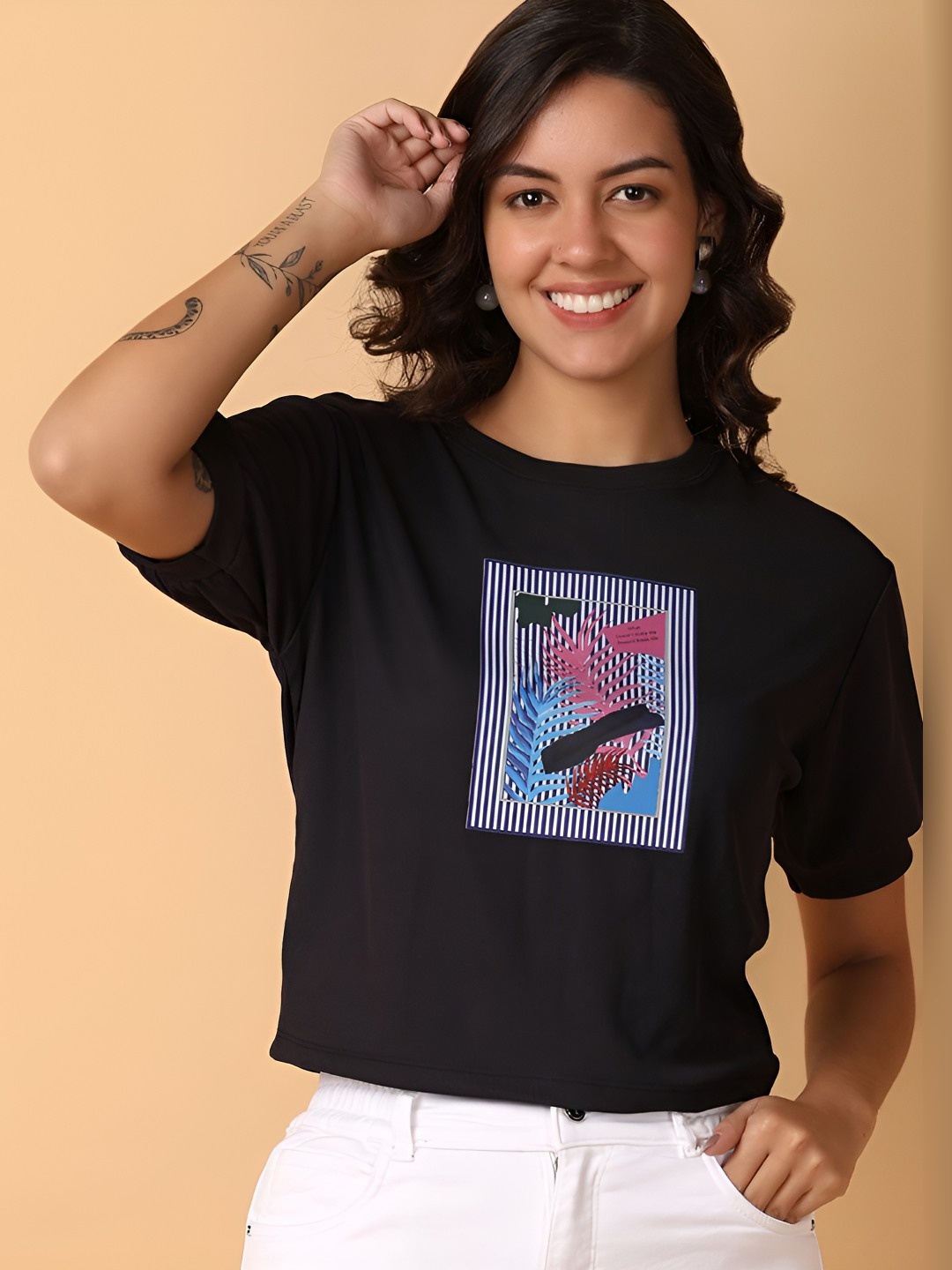 

V-Mart Women Graphic Printed Round Neck Cotton T-shirt, Black