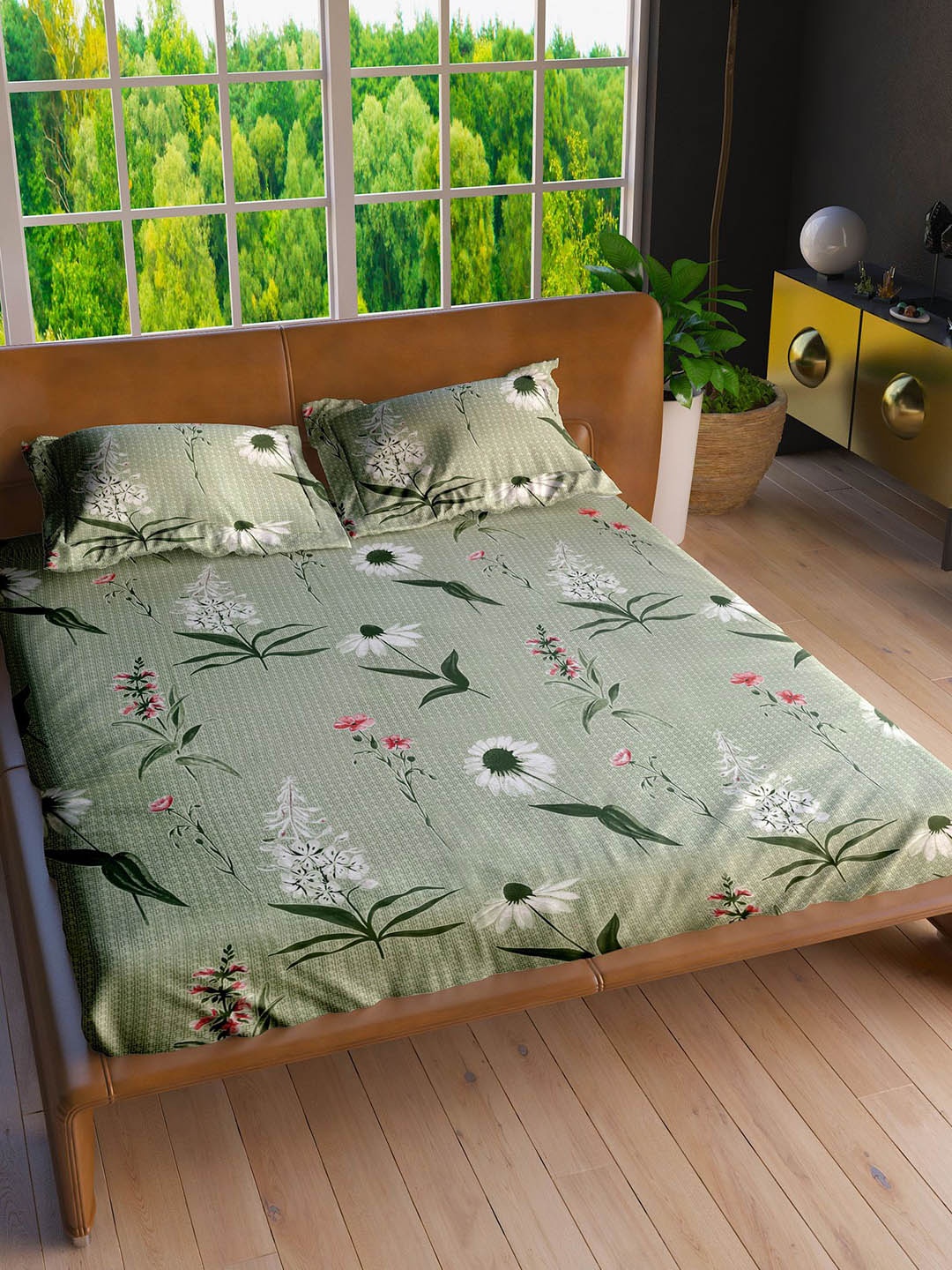 

LABHAM Green & White Floral Cotton 160 TC King Bedsheet with 2 Pillow Covers