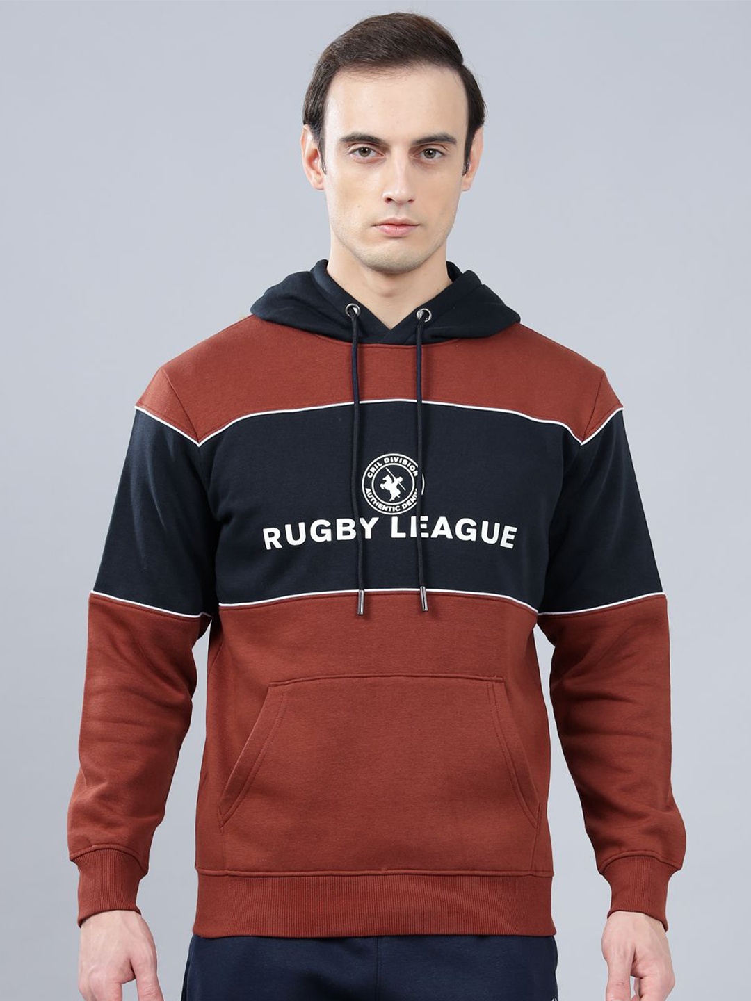 

Cantabil Men Typography Printed Hood Pullover Sweatshirt, Rust