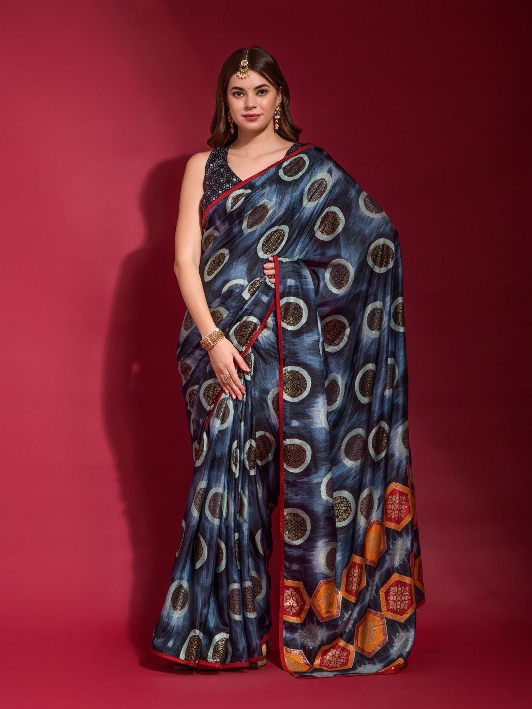 

Krimmple Art Silk Fusion Saree, Navy blue