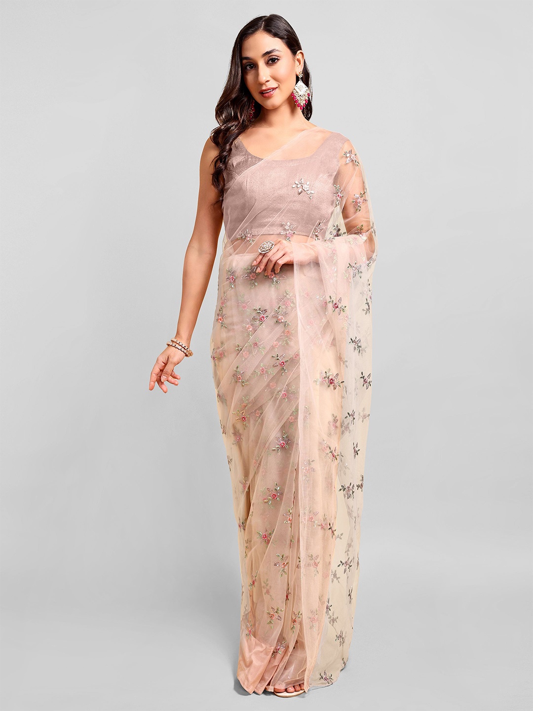 

DOERAA Ethnic Motifs Embroidered Net Saree, Beige