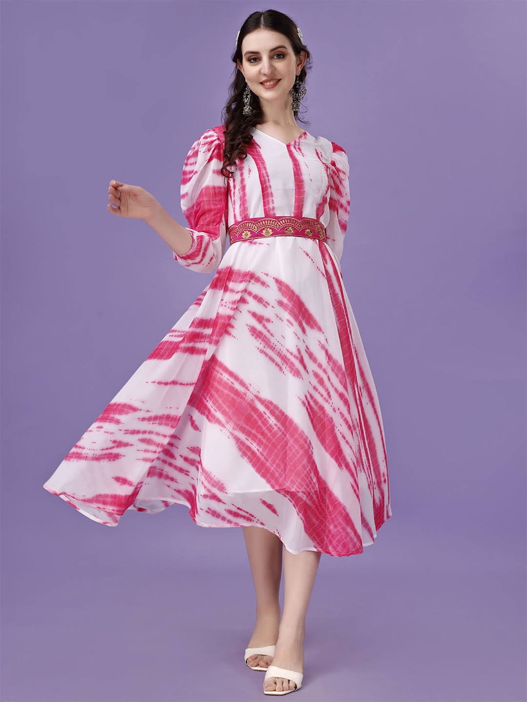

BAESD Women Tie and Dye Puff Sleeves Fit & Flare Dress, White