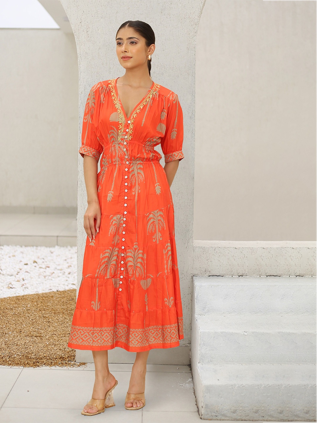 

HOUSE OF KARI Ethnic Motifs Print Fit & Flare Midi Dress, Orange