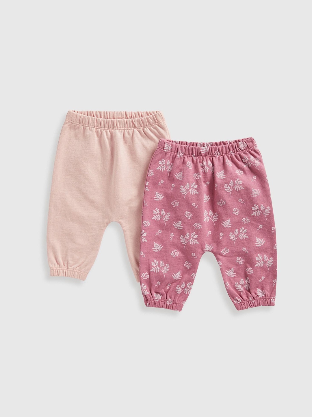 

mothercare Girls Pack Of 2 Pure Cotton Floral Printed Relaxed Easy Wash Joggers Trousers, Pink