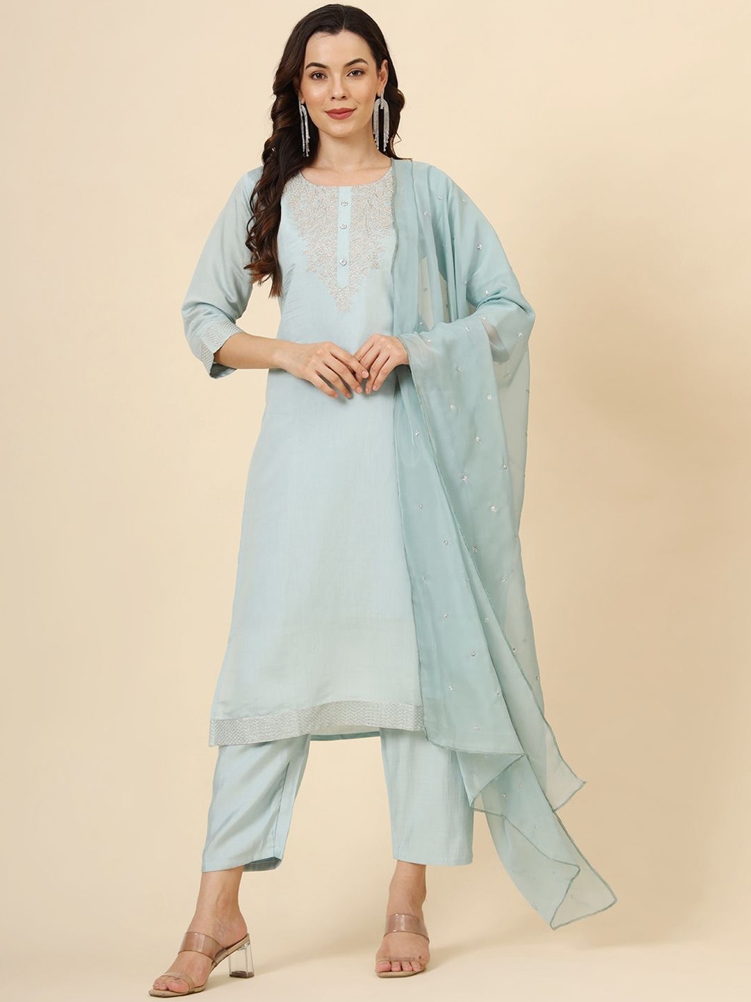 

VAIRAGEE Floral Yoke Design Regular Thread Work Kurta With Trousers & Dupatta, Blue