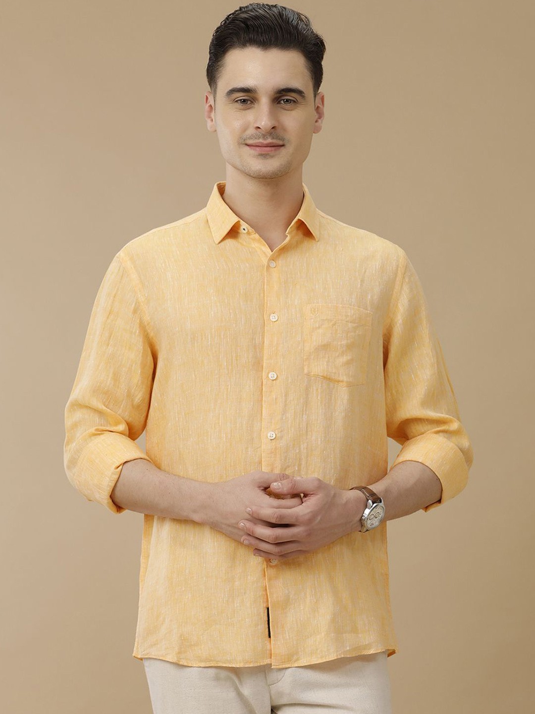

Linen Club Men Solid Contemporary Slim Fit Casual Shirt, Yellow