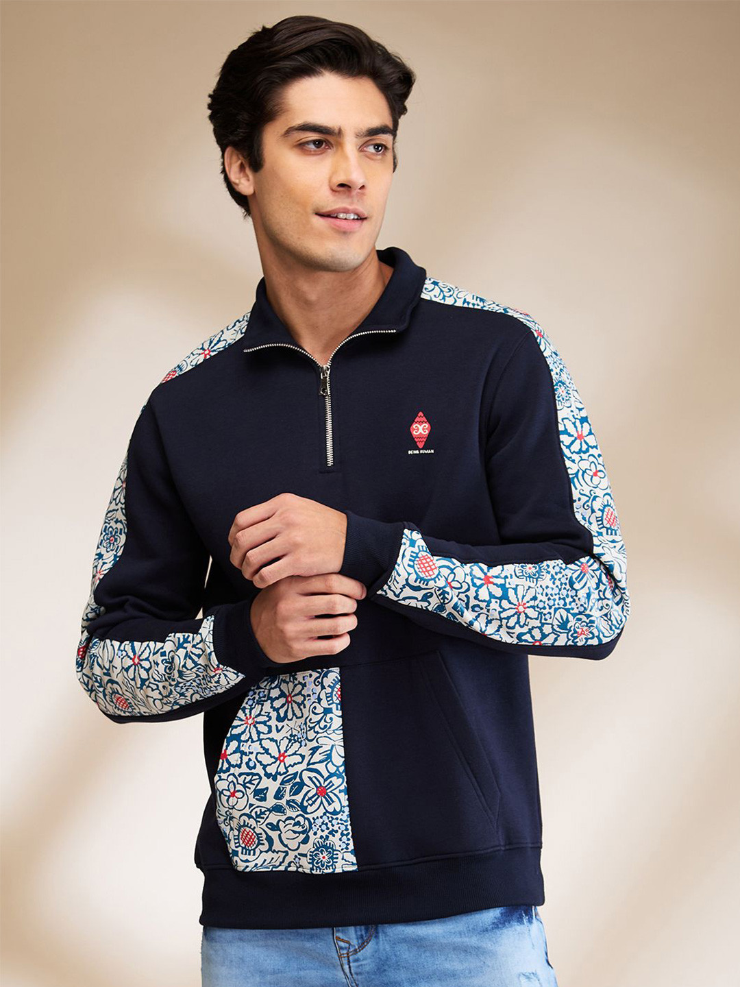 

Being Human Men Floral Printed High Neck Cotton Pullover Sweatshirt, Blue
