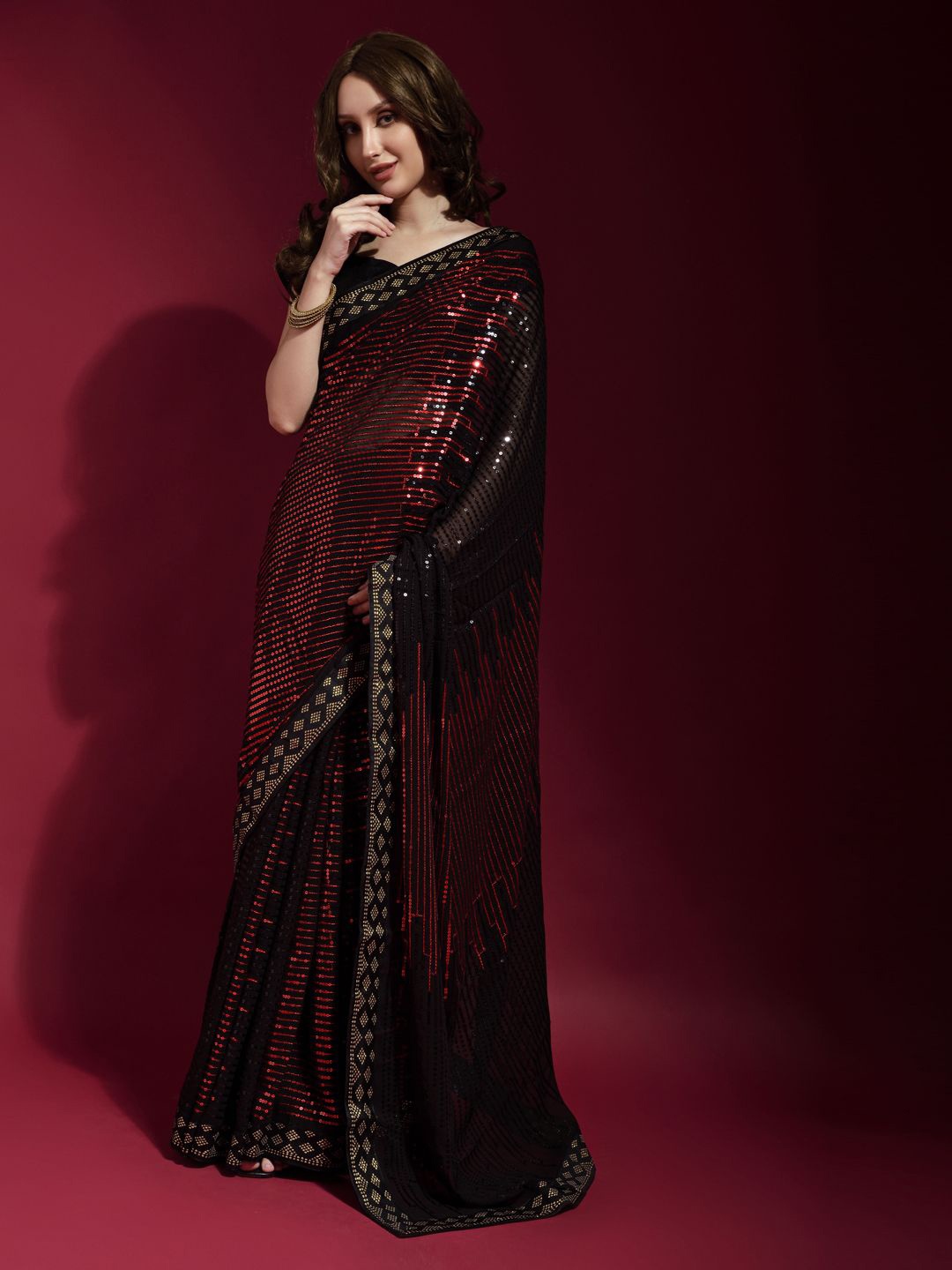 

Krimmple Sequinned Pure Georgette Saree, Red