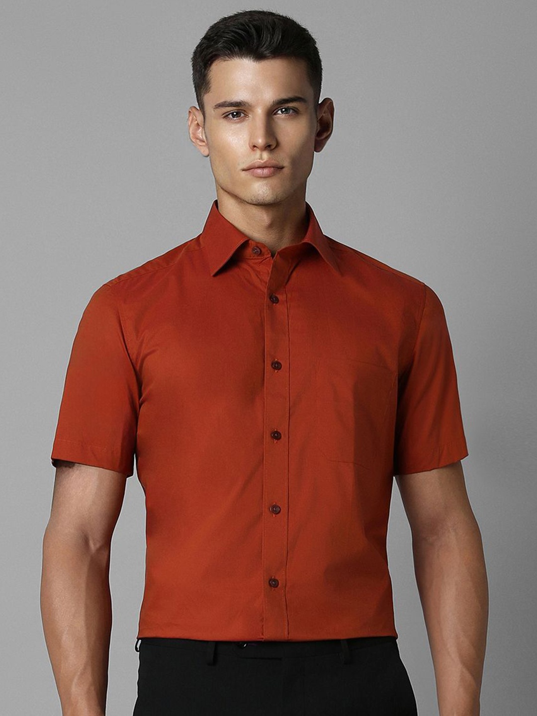 

Louis Philippe Men Classic Spread Collar Solid Cotton Casual Shirt, Red