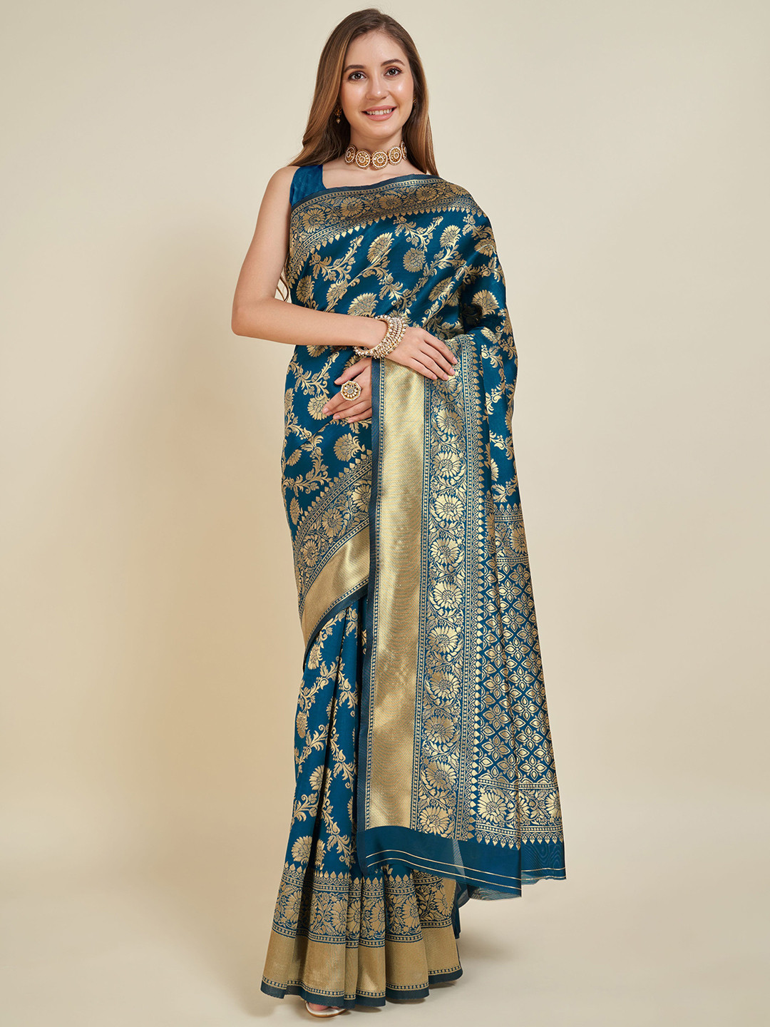 

Kriyansh Floral Zari Woven Design Kanjeevaram Saree, Turquoise blue