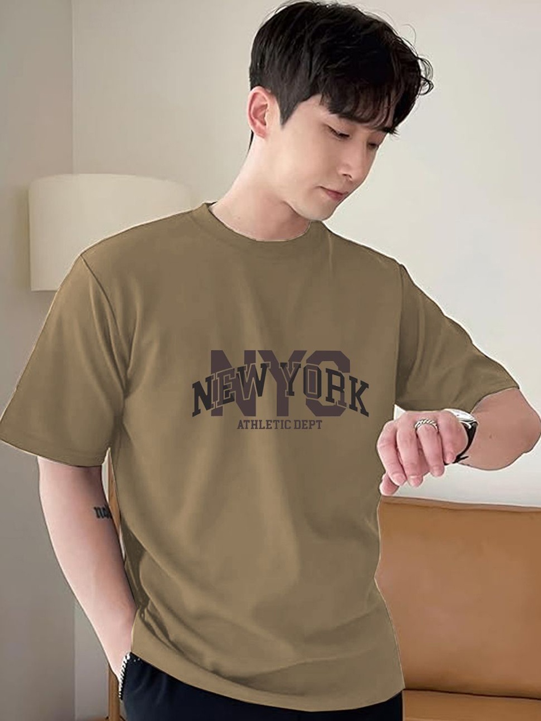 

Genzy Men Typography Printed Drop-Shoulder Sleeves Applique Cotton T-shirt, Beige