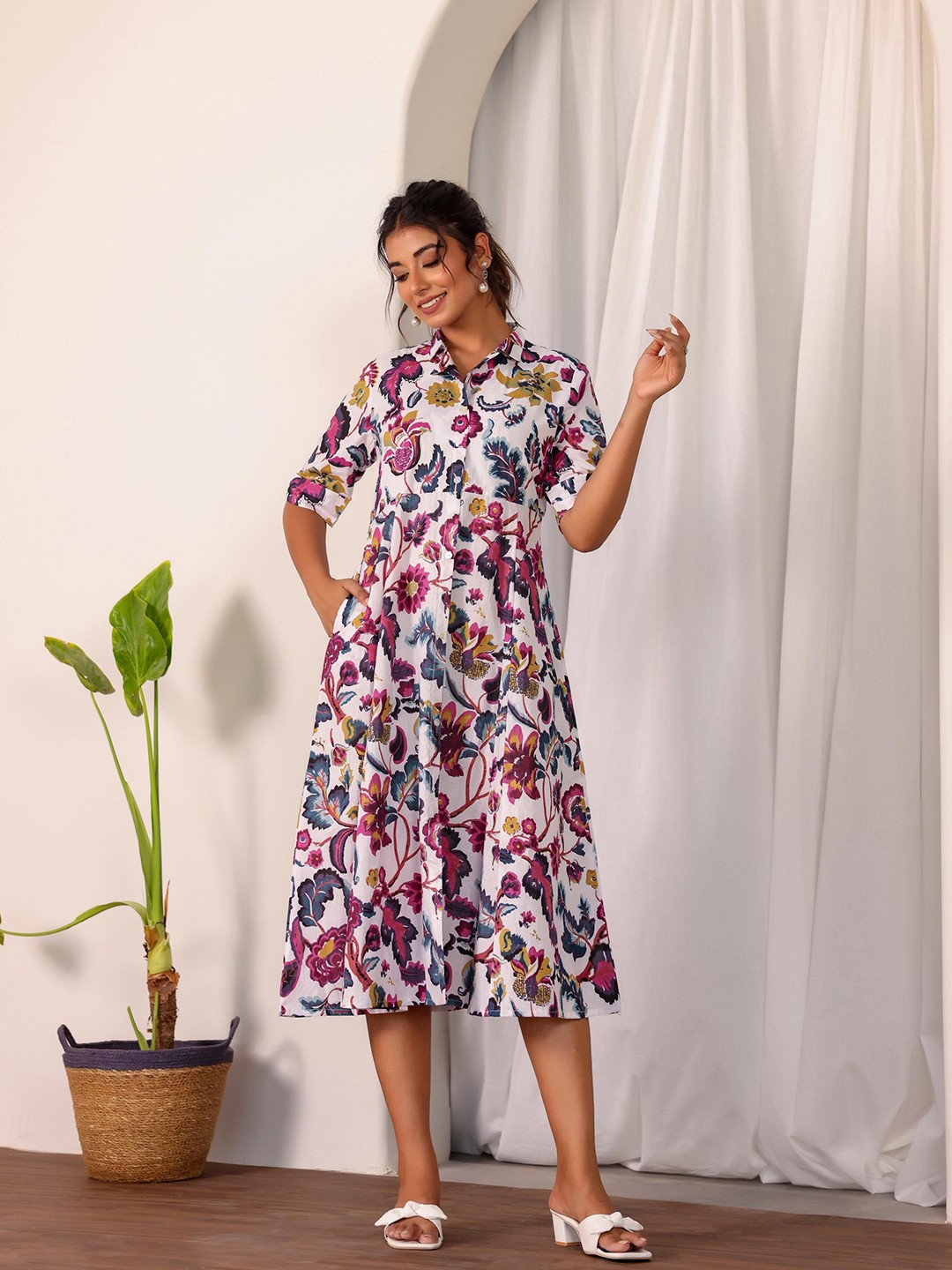 

FLAVIA CREATION Floral Printed A-Line Dress, White