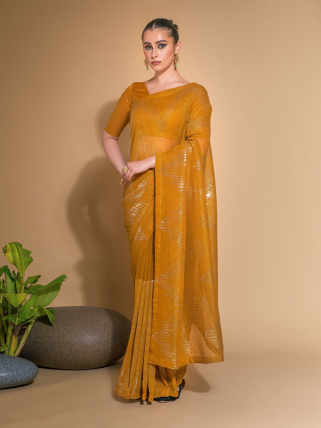 

Krimmple Striped Sequinned Pure Georgette Saree, Mustard