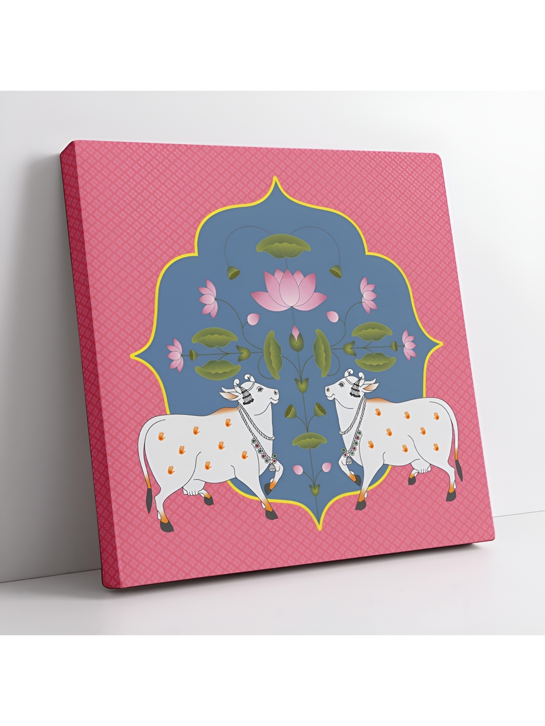 

SAF Pink & Blue Wooden Canvas Pichwai Cow Birds and Animals Wall Art