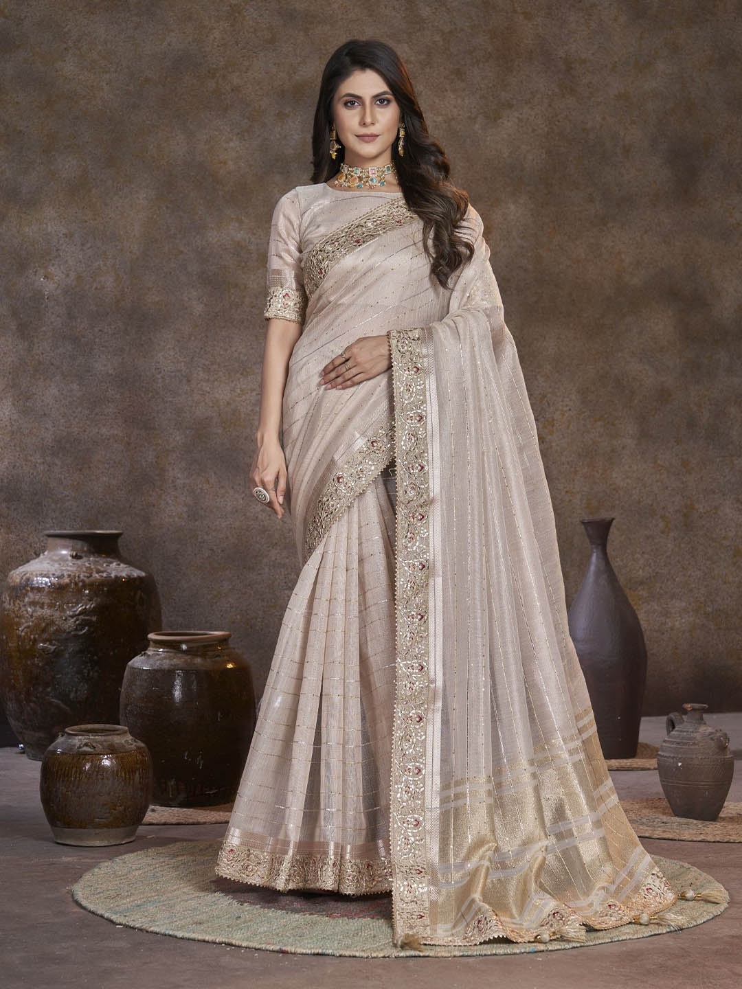 

Panzora Embellished Striped Sequinned Ready to Wear Saree, Beige
