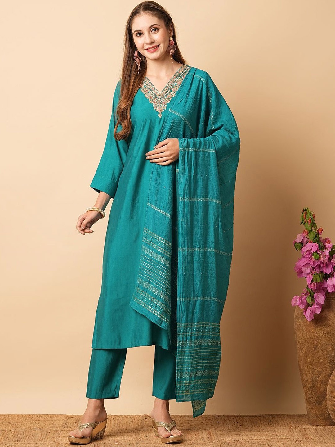 

KALINI Ethnic Motifs Embroidered Chanderi Silk Straight Kurta With Trousers & Dupatta, Turquoise blue