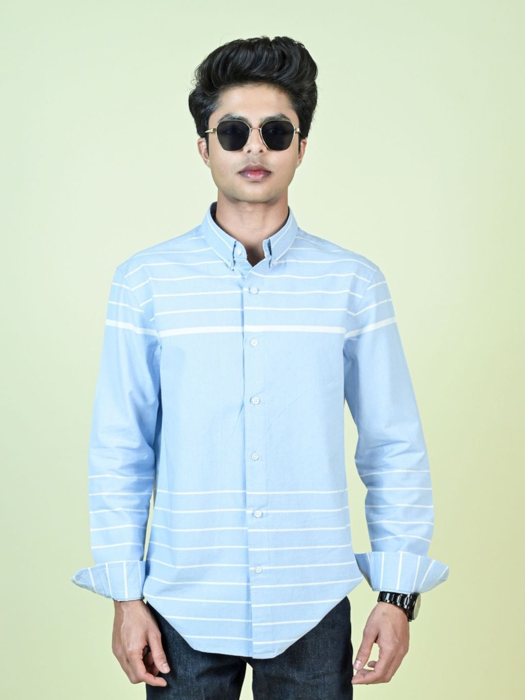 

MARC JOBBS Men Comfort Button-Down Collar Horizontal Striped Cotton Casual Shirt, Turquoise blue