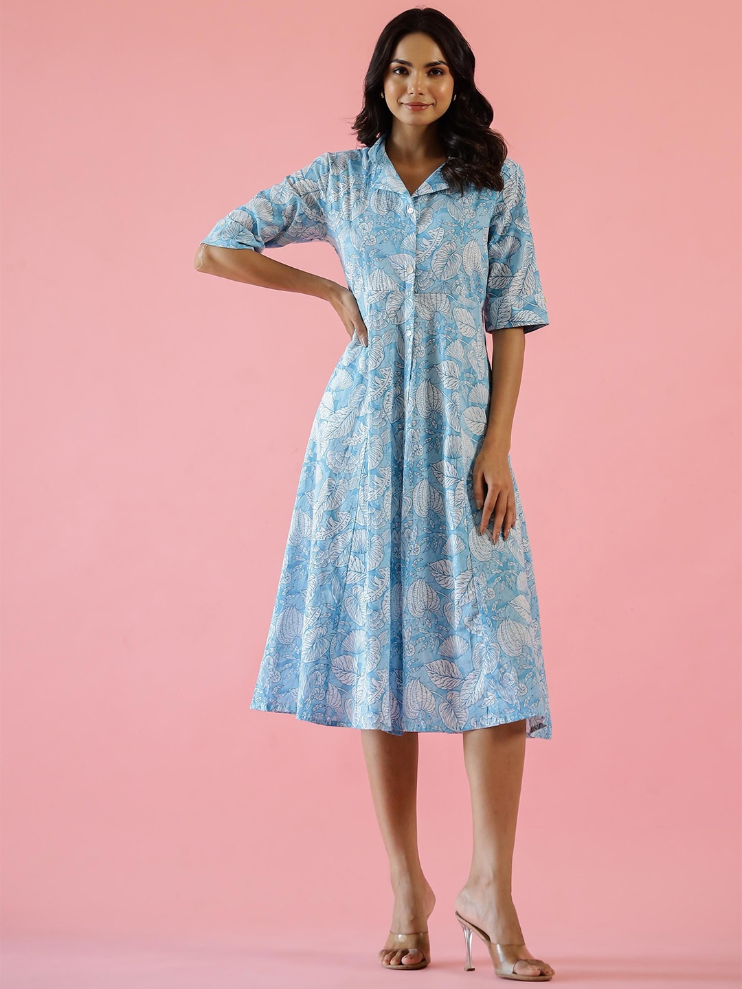 

FLAVIA CREATION Women Floral Printed Shirt Collar A-Line Midi Dress, Multi