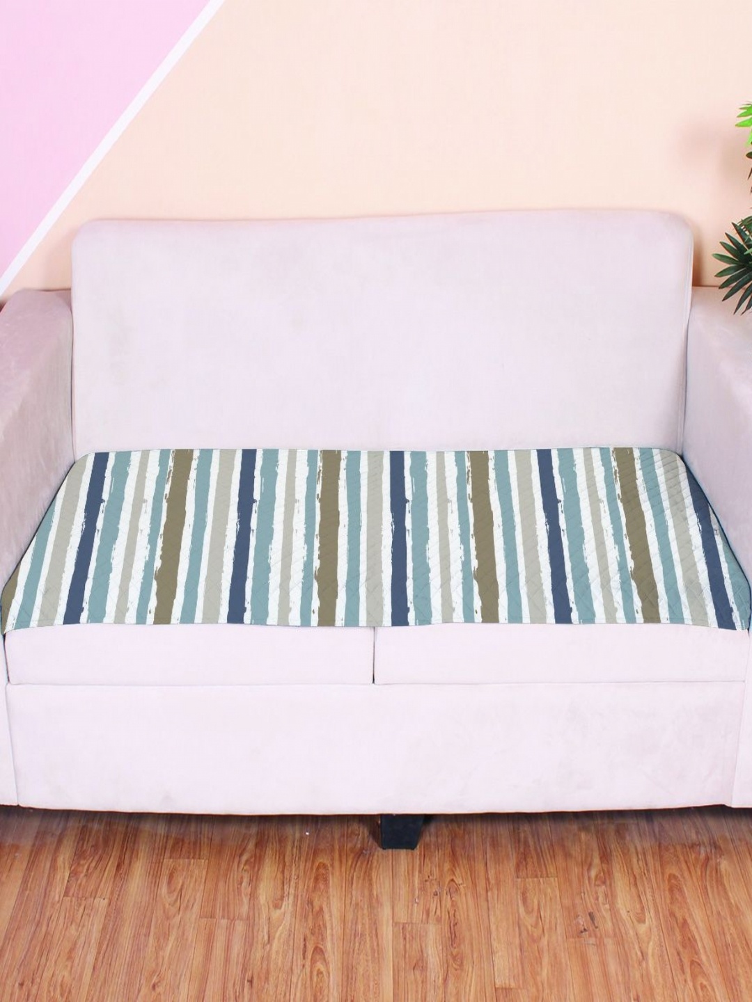 

STITCHNEST Teal Blue & White Striped Velvet 2 Seater Anti Slip Sofa Cover
