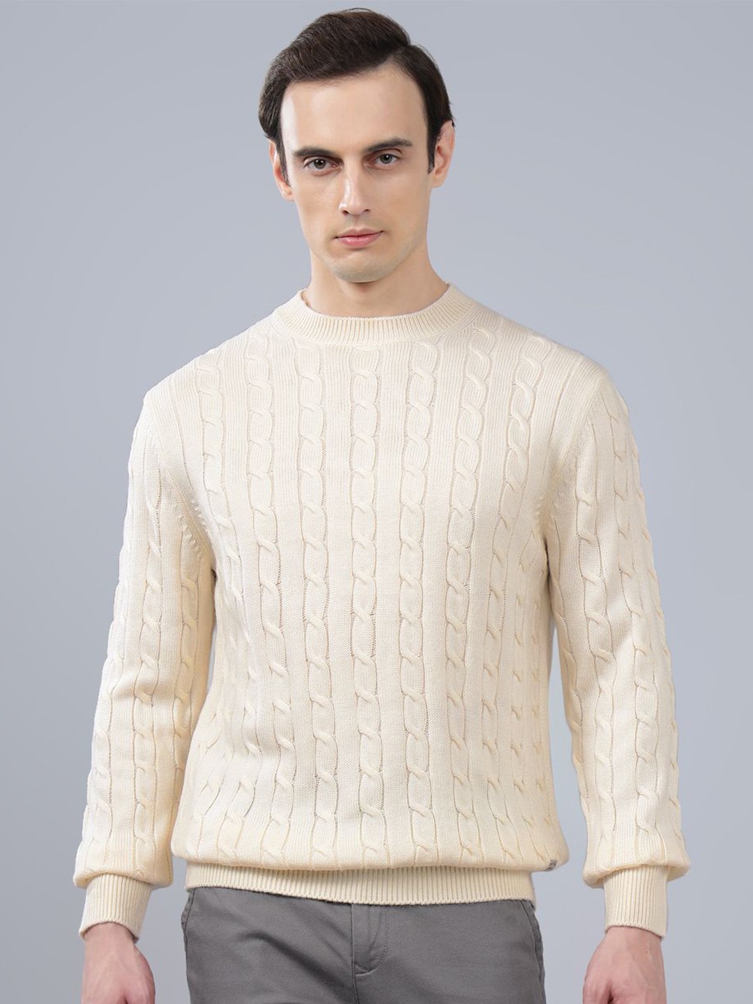 

Cantabil Men Cable Knit Pullover Sweater, Cream