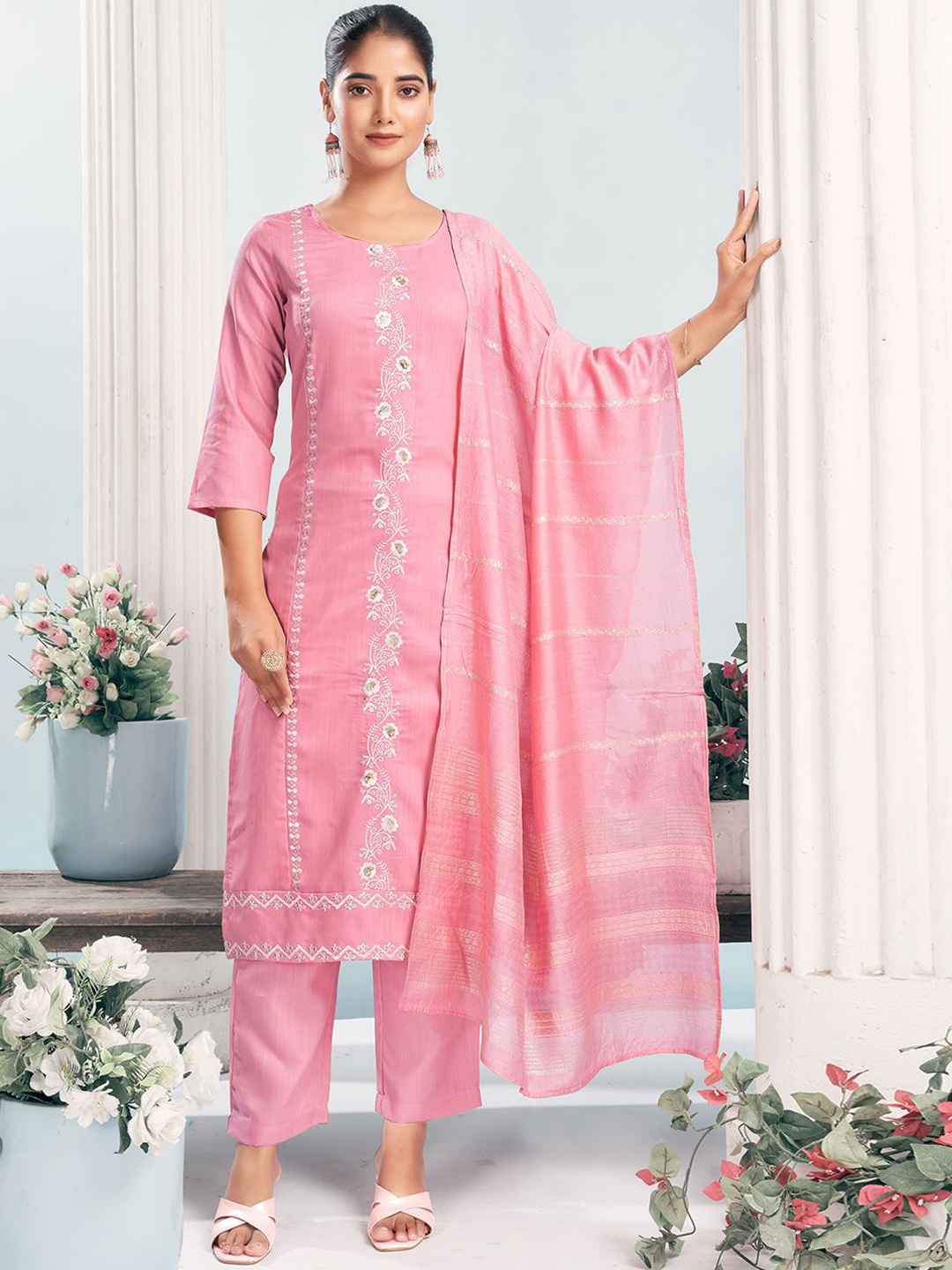 

KALINI Floral Embroidered Thread Work Round Neck Straight Kurta with Trouser & Dupatta, Pink