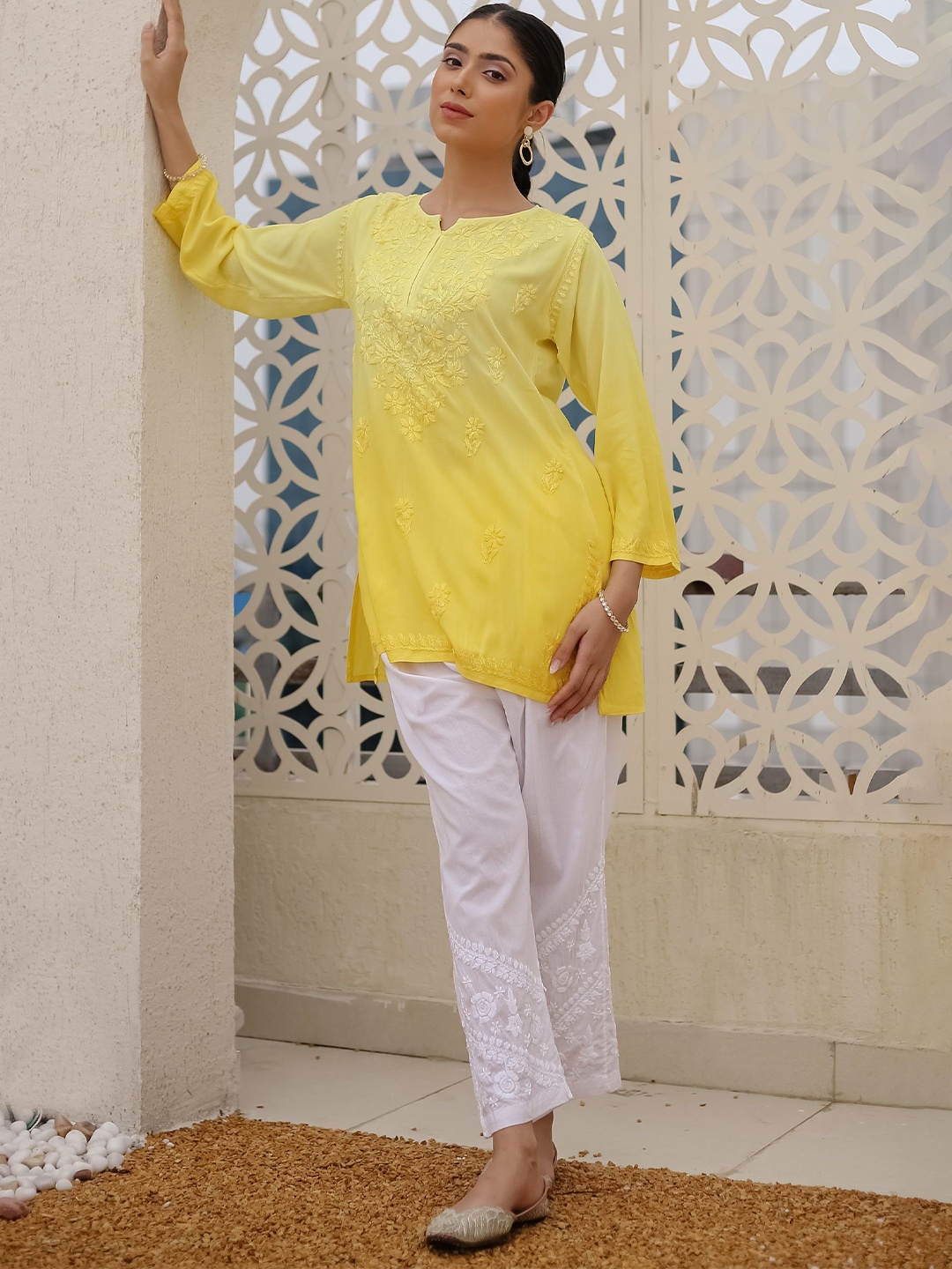 

HOUSE OF KARI Floral Embroidered Chikankari Flared Sleeves Straight Short Kurta, Yellow