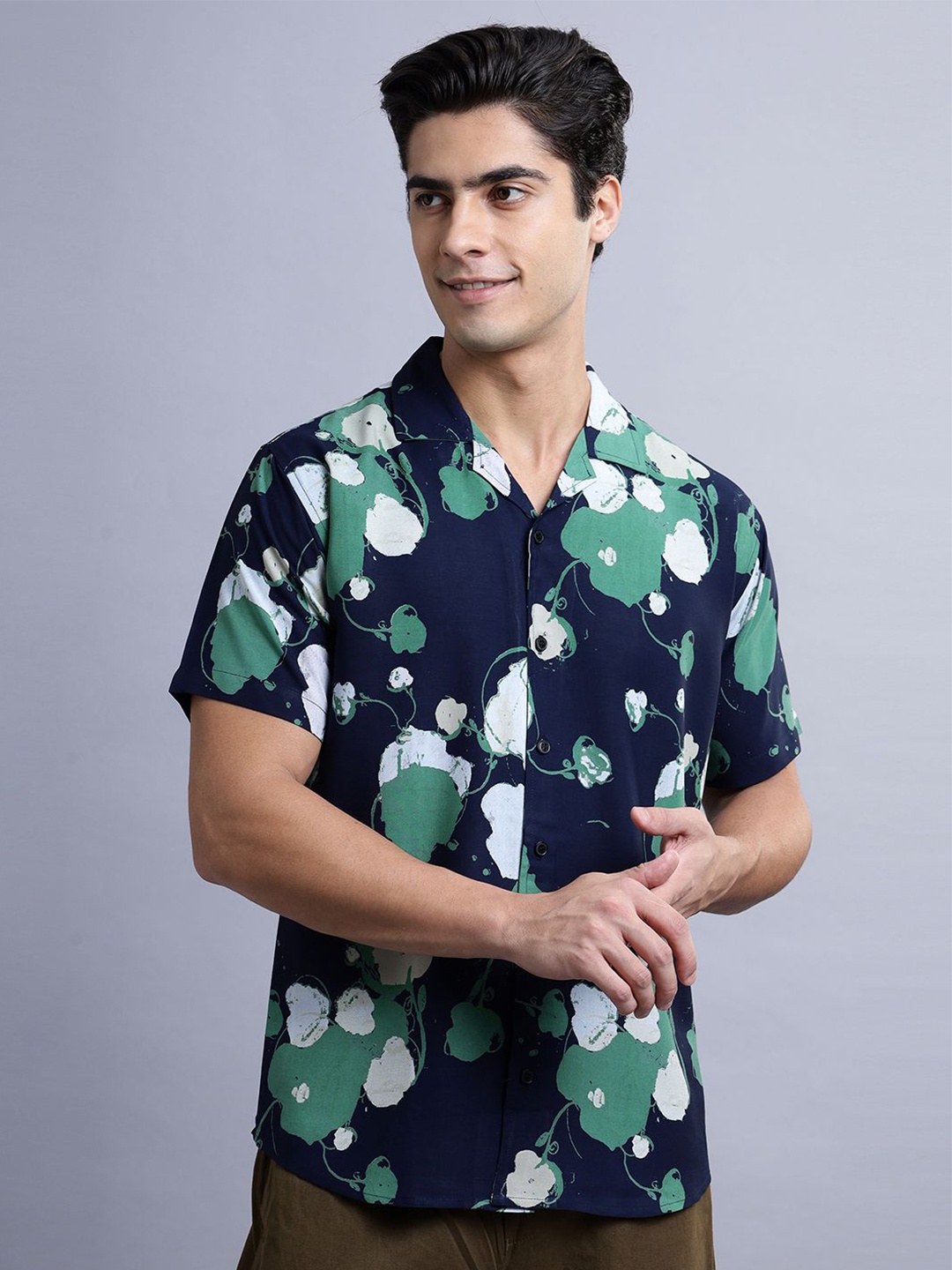 

N AND J Men Classic Spread Collar Abstract Printed Cotton Casual Shirt, Navy blue