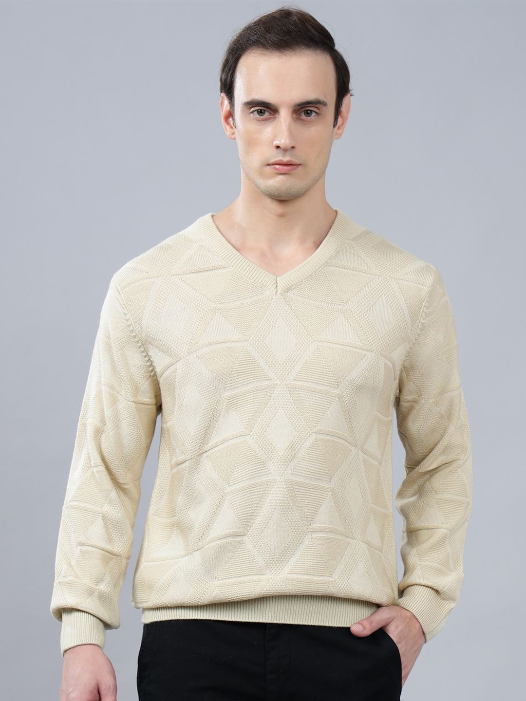 

Cantabil Men Self Design V-Neck Pullover, Beige