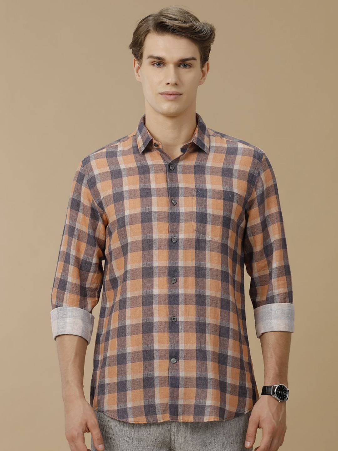 

Linen Club Men Contemporary Slim Fit Opaque Checked Casual Shirt, Orange