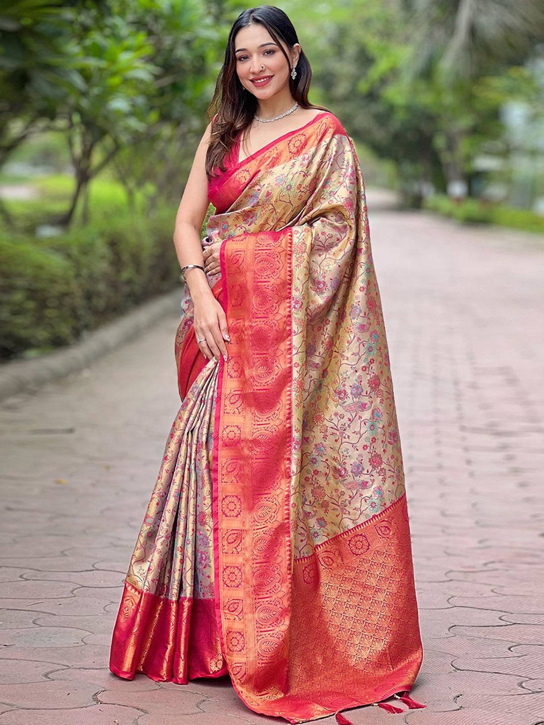 

Panzora Ethnic Motifs Zari Dharmavaram Saree With Unstitched Blouse Piece, Beige