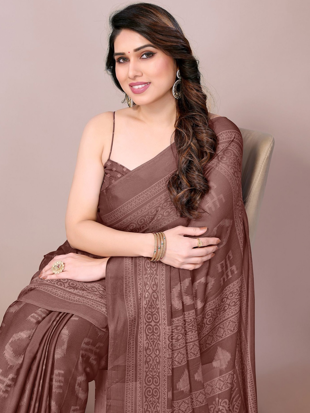 

KALINI Block Printed Saree With Blouse Piece, Brown