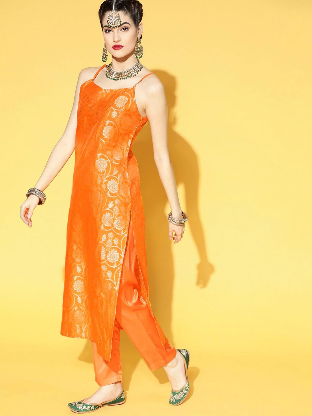 

AHIKA Orange-Coloured Woven Design Shoulder Straps Straight Kurta with Trousers & Dupatta