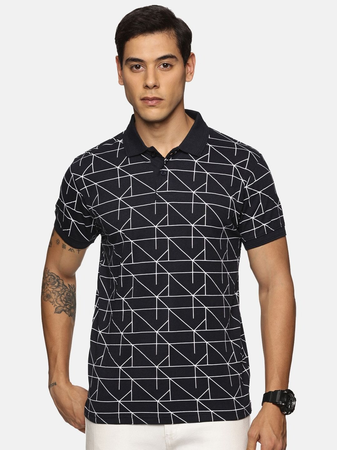 

THIRD QUADRANT Men Geometric Printed Polo Collar T-shirt, Black