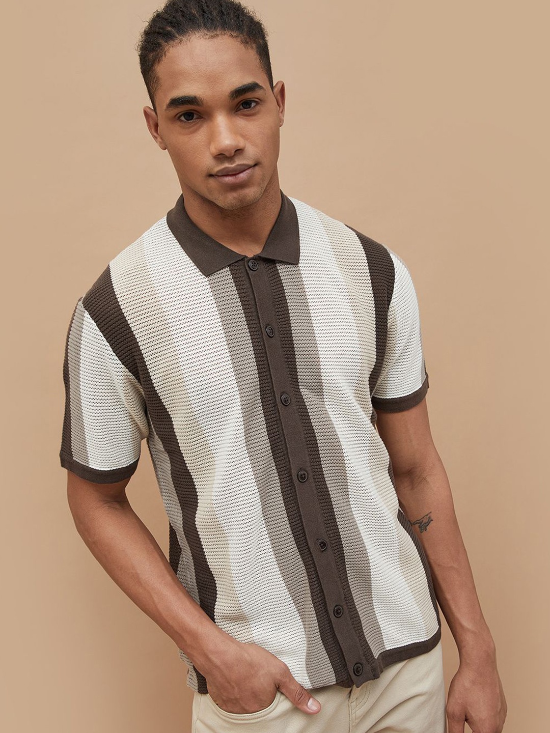 

Forca by Lifestyle Men Cotton Opaque Striped Casual Shirt, Beige