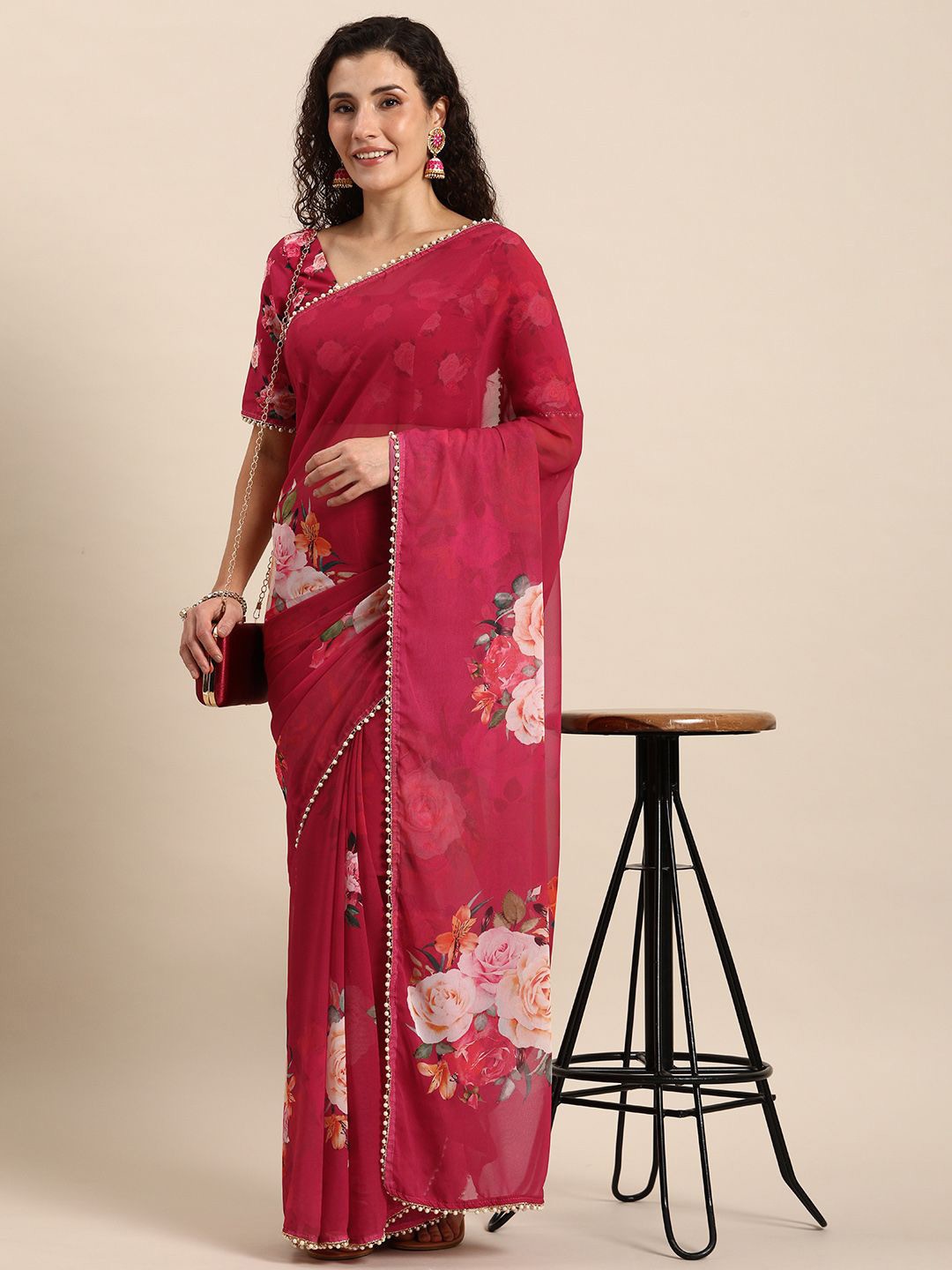 

MADHAVPRIYA Floral Printed Beads and Stones Saree, Pink