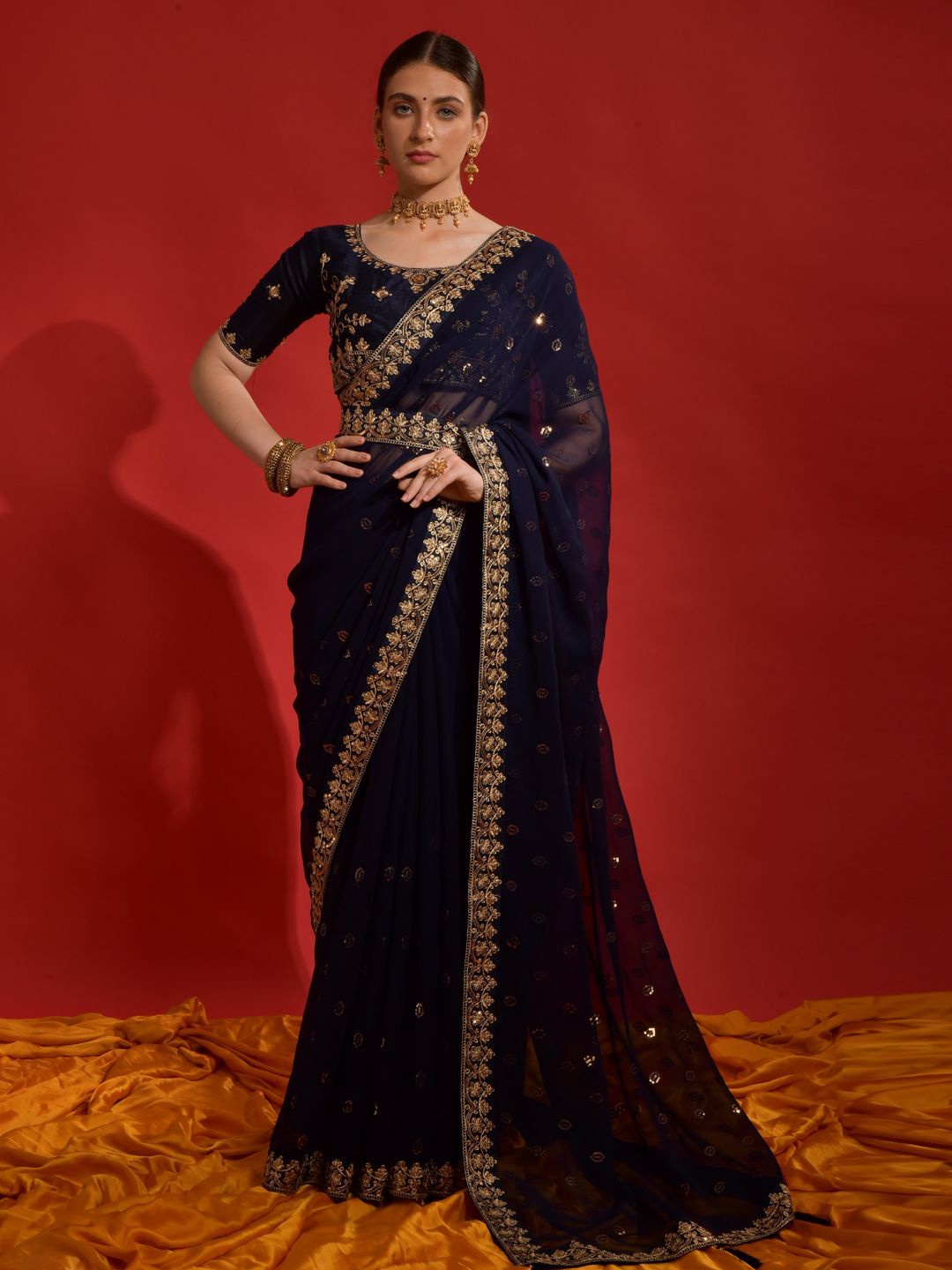

Krimmple Sequinned Pure Georgette Saree, Navy blue