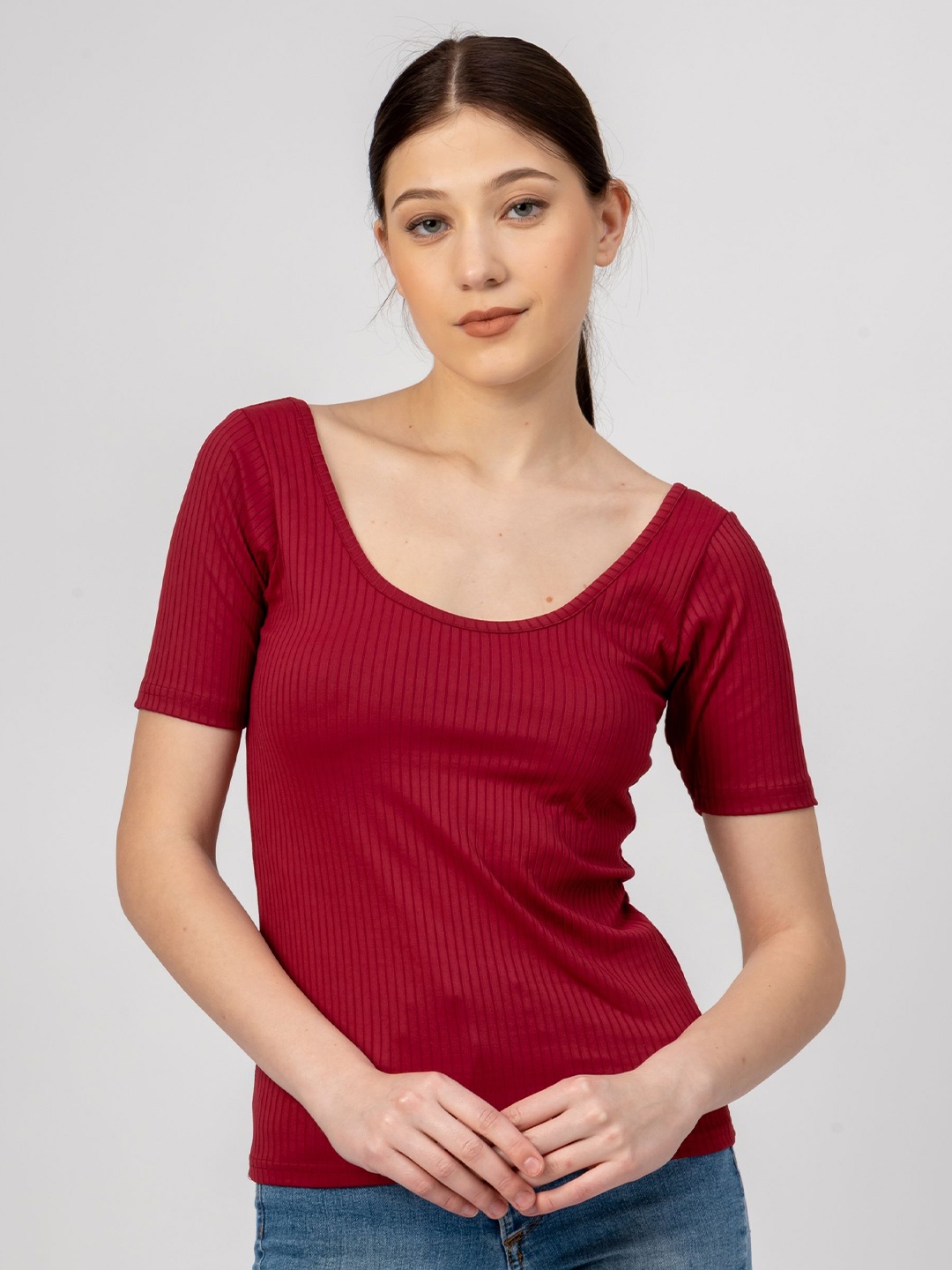 

Redamancii Women Striped Top, Maroon