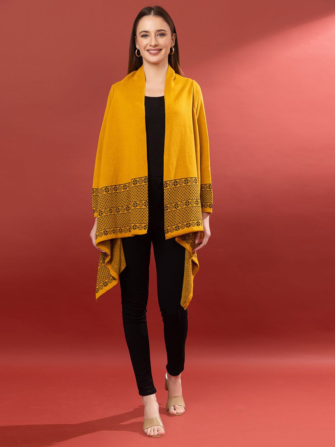 

Anouk Mustard Printed Open Front Shrug