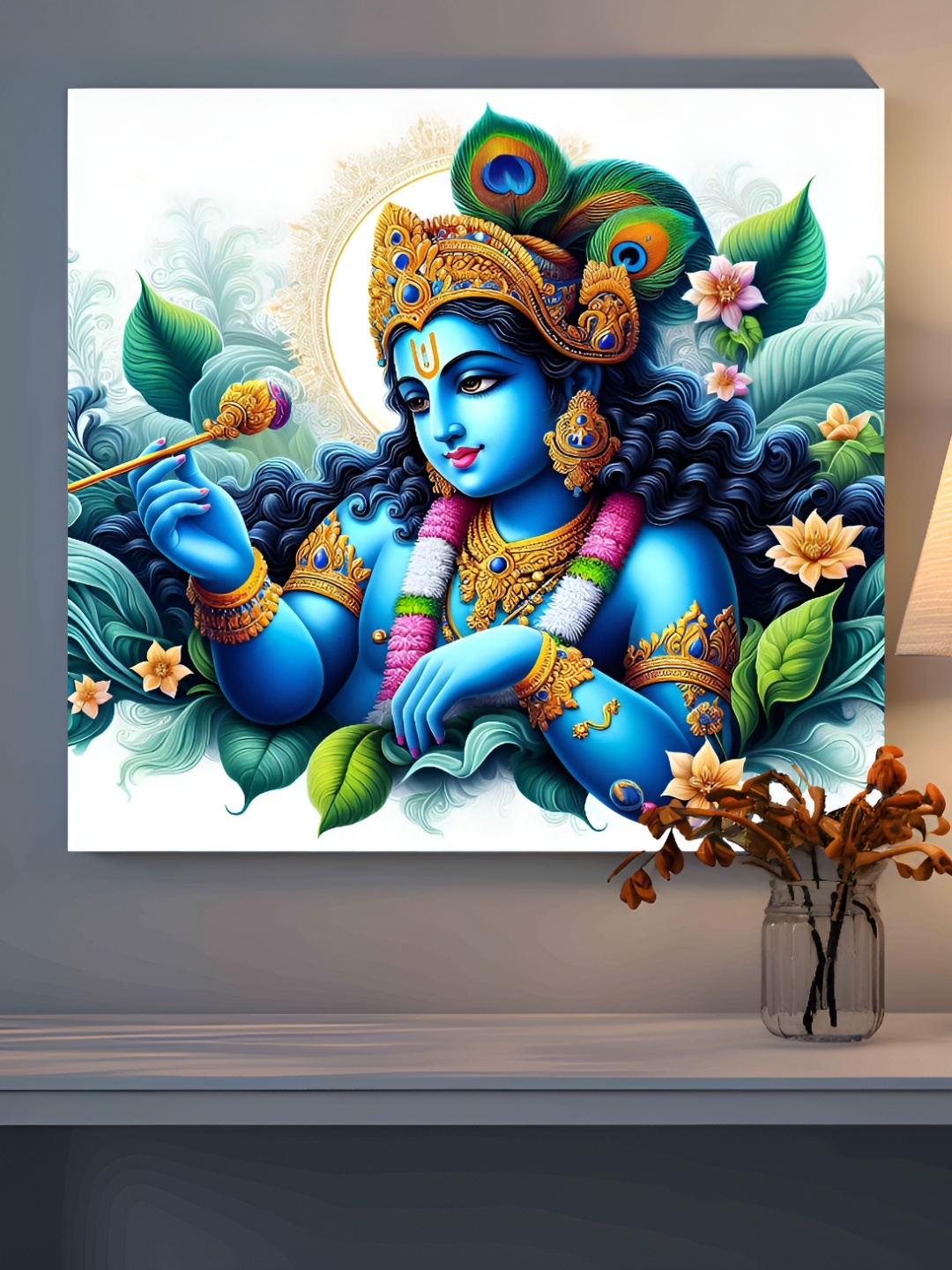

SAF Blue & White Lord Krishna Wooden Religious Wall Painting