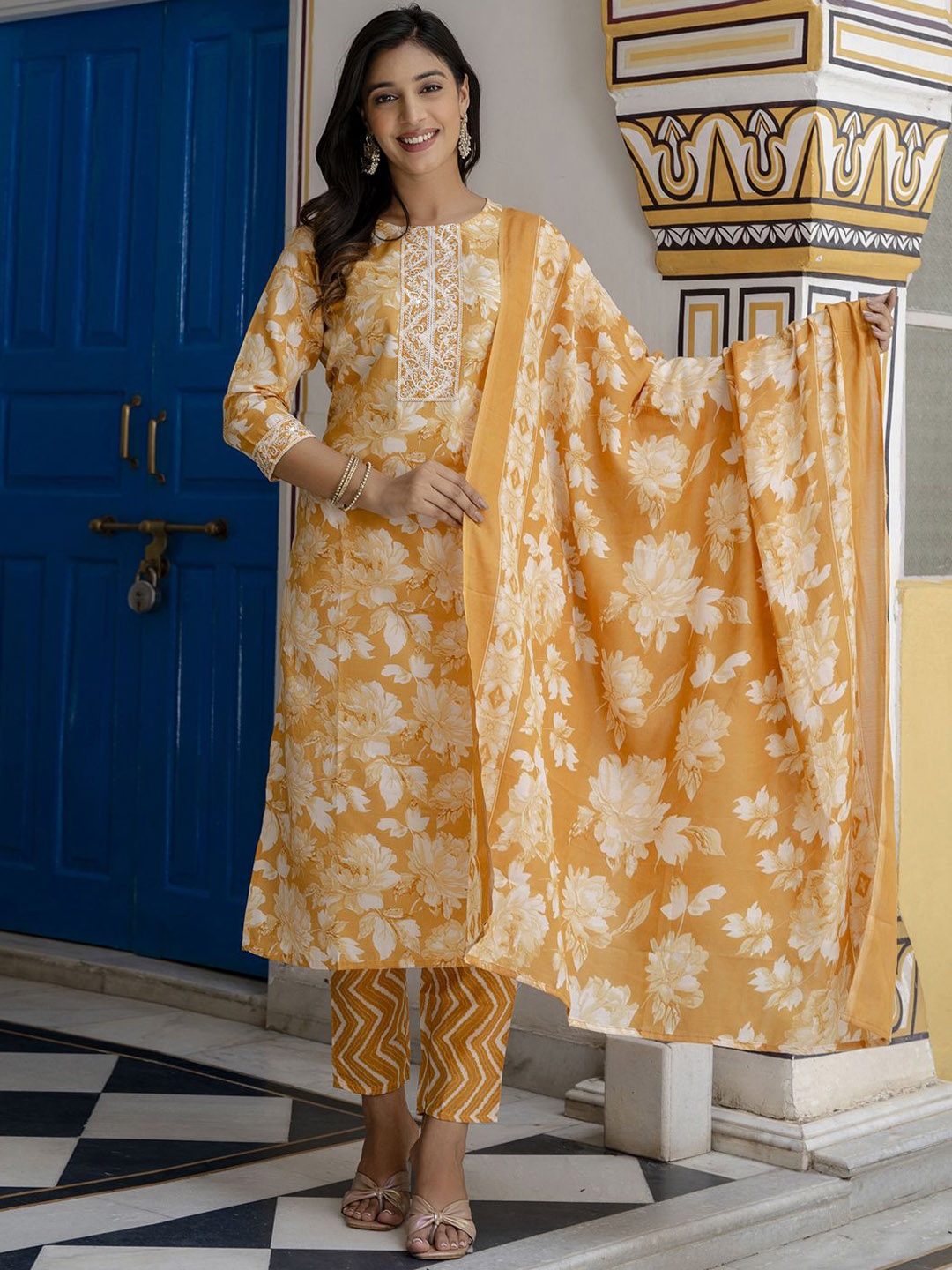 

PPTOSS Floral Printed Sequinned Straight Kurta With Trouser & Dupatta, Mustard