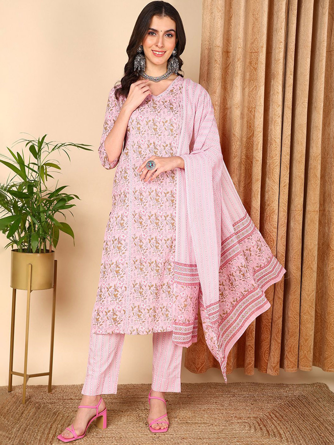 

AHIKA Pink Floral Printed V-Neck Pure Cotton Straight Kurta with Trouser & Dupatta