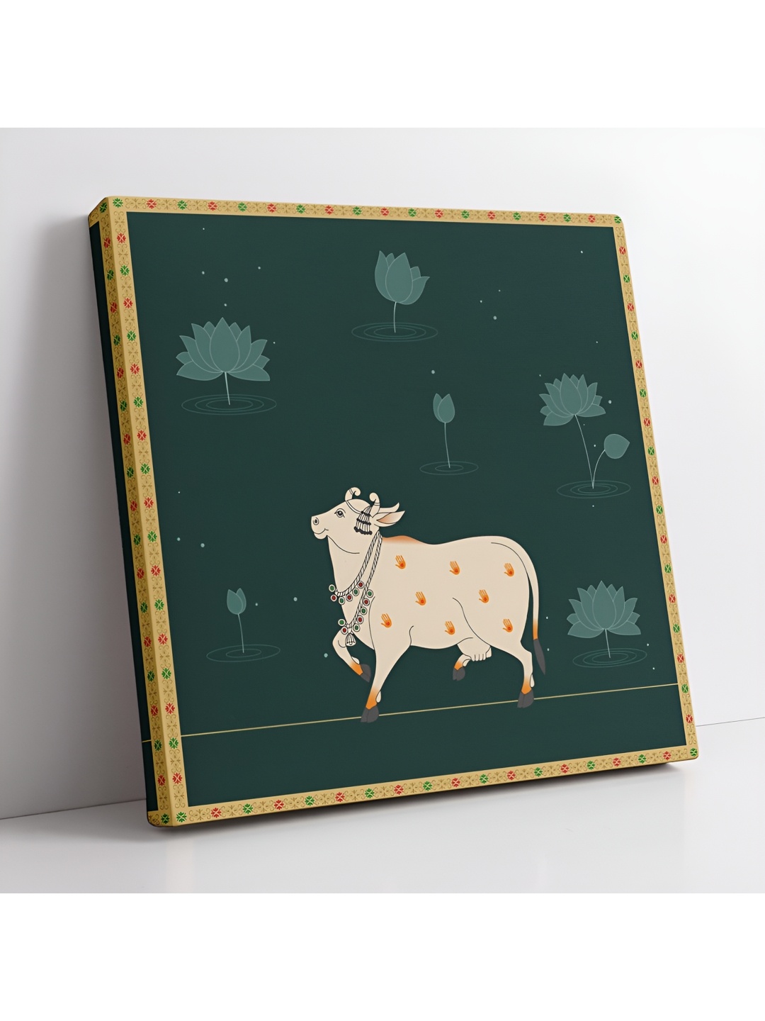 

SAF Green & Off White Wooden Canvas Pichwai Cow Birds and Animals Wall Art
