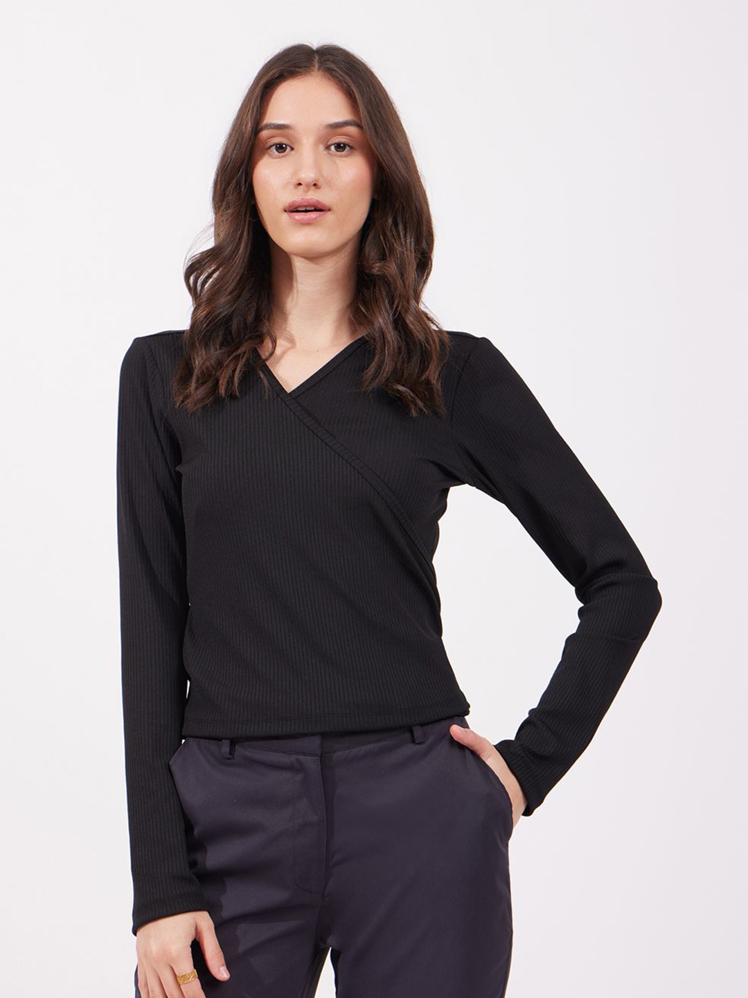 

FableStreet Women Solid V-Neck Top, Black