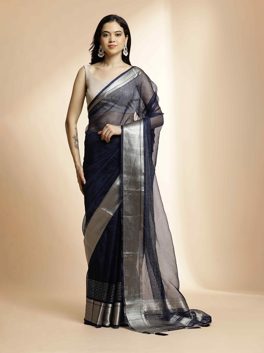 

Jaipur Kurti Striped Saree, Navy blue