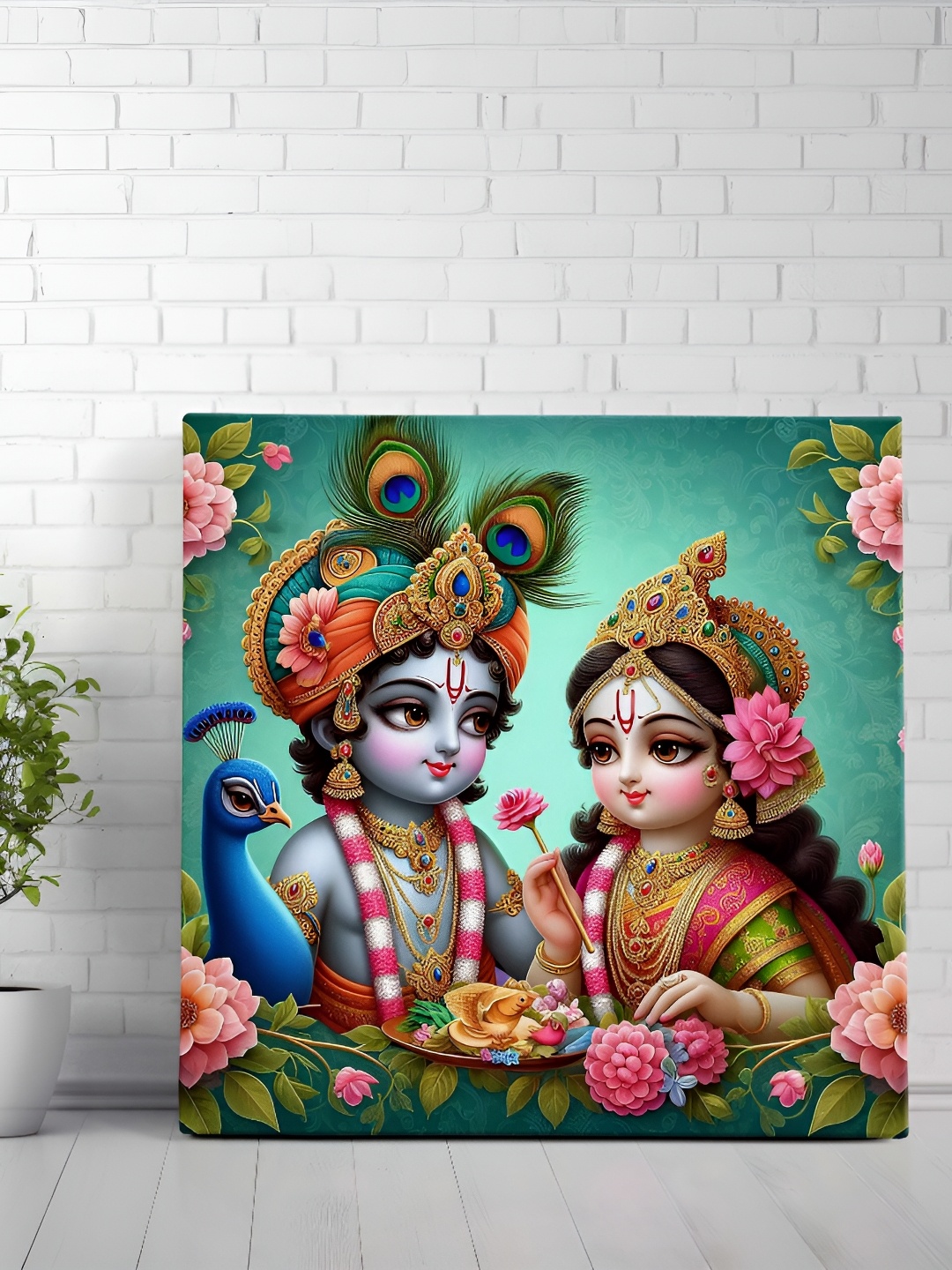 

SAF Blue & Pink Wooden Canvas Radha Krishna Religious Wall Art